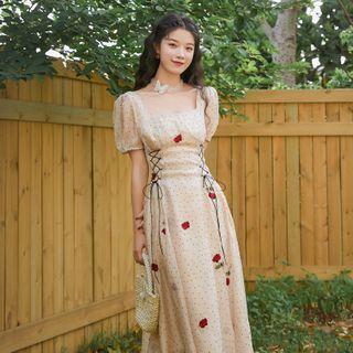 Floral Embroidered Dotted Short-sleeve Midi A-line Dress