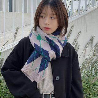 Argyle Knit Scarf Khaki - One Size