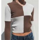 Long Sleeve V-neck Plaid Crop Sweater Coffee - One Size