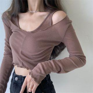 High-waist Slim-fit Denim Shorts / Set: Plain Long-sleeve Cropped Top + Sleeveless Top
