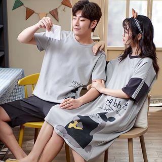 Couple Matching Short-sleeve Rabbit Print Sleep Dress / Short-sleeve Top / Shorts / Set