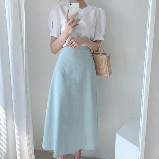 Puff-sleeve Bow-back Blouse / Midi A-line Skirt