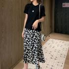 Set: Flower Print Short-sleeve T-shirt + Midi A-line Skirt