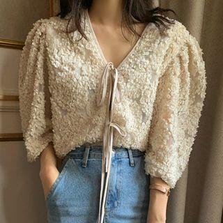 V-neck Lace Up Top Almond - One Size