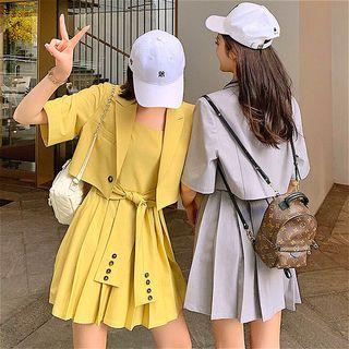 Set: Short-sleeve Crop Blazer + Spaghetti Strap Mini Pleated Dress