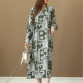Mandarin-collar Long Paisley Dress