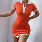 Asymmetrical Short-sleeve Ribbed Mini Polo Dress
