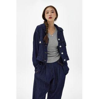 Stitched Linen Blend Denim Jacket Dark Blue - One Size