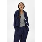 Stitched Linen Blend Denim Jacket Dark Blue - One Size