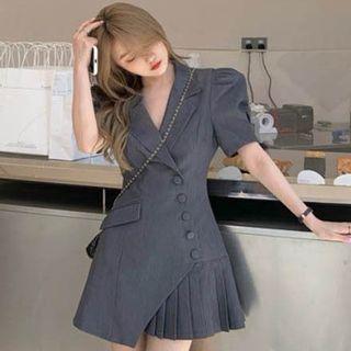 Puff-sleeve Asymmetrical Single-breasted Mini Blazer Dress