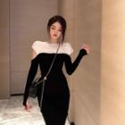 Two-tone Cutout Knit Midi Bodycon Dress Dress - Black & White - One Size