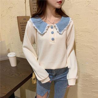 Long-sleeve Lace Trim Collared Top