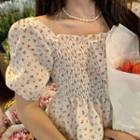 Puff-sleeve Floral Print Shirred Chiffon Blouse Pink Floral - White - One Size
