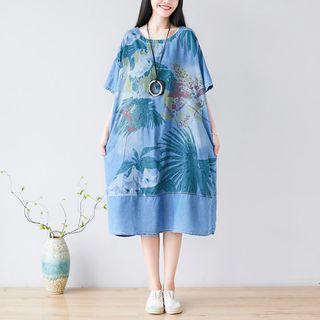 Leaf Print Elbow-sleeve Midi Dress Blue - One Size