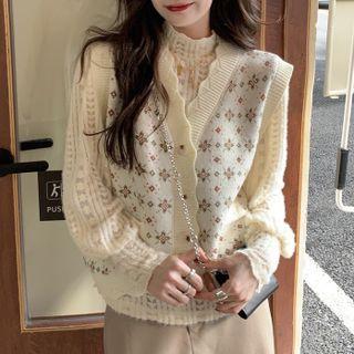 Mock-neck Lace Blouse / Floral Print Sweater Vest
