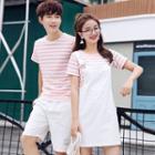 Couple Matching Striped Short-sleeve T-shirt / Plain Shorts / Jumper Dress