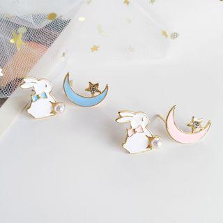 Non-matching Faux Pearl Rabbit Moon & Star Earring
