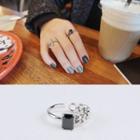 Asymmetric 925 Sterling Silver Open Ring Black Rhinestone - Silver - One Size