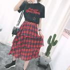 Set Of 3: T-shirt + Plaid Long Tiered Skirt + Necklace