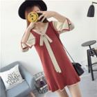 Bow Accent Color Panel Long Sleeve Knit Dress