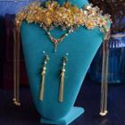 Wedding Set: Alloy Flower Fringed Headpiece + Earring Headpiece & Earring - Gold - One Size