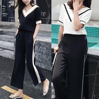 Set: Contrast Trim Elbow Sleeve Chiffon T-shirt + Cropped Wide Leg Pants