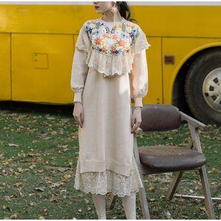 Embroidered Lace Panel Midi Sweater Dress Light Beige - One Size