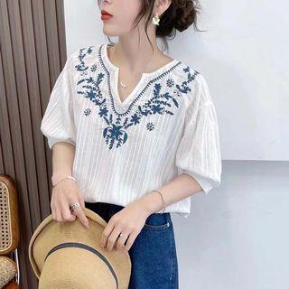 Puff-sleeve V-neck Embroidered Blouse White - One Size