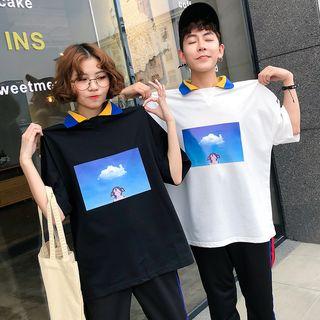 Couple Matching Printed Elbow-sleeve Polo Shirt / Striped Trim Sweatpants