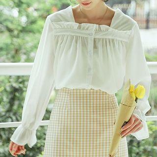 Long-sleeve Square-neck Ruffle-trim Blouse
