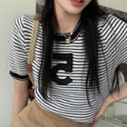 Short-sleeve Striped Number Knit Top