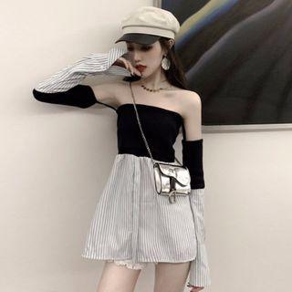 Off-shoulder Long-sleeve Striped Top As Shown In Figure - One Size