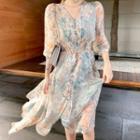 3/4-sleeve Floral Print V-neck Chiffon Playsuit