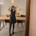 V-neck Pintuck Pinafore Dress Black - One Size