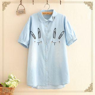 Rabbit Embroidered Short-sleeve Denim Shirt As Shown In Figure - One Size