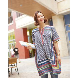 Open-placket Patterned Mini Shift Dress