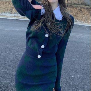 Collared Argyle Knit Top / Mini Pencil Skirt