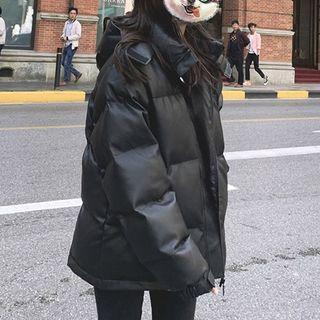 Padded Hooded Faux Leather Zip-up Jacket