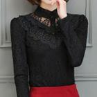 Long-sleeve Lace-panel Half Buttoned Top