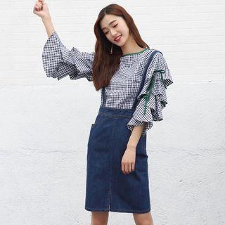 Set: Layered Sleeve Gingham Blouse + Denim Suspender Skirt