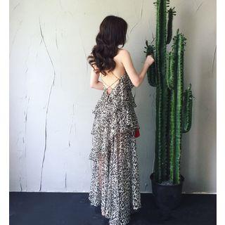 Spaghetti Strap Leopard-print Tiered Maxi Dress