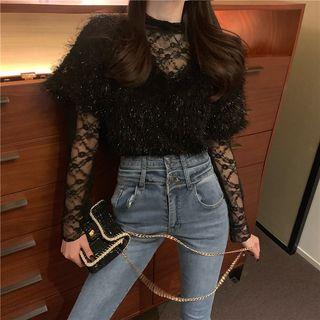 Set : Velvet Short-sleeved Top + High Collar Long-sleeved Lace Top