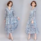 V-neck Long-sleeve Floral Midi Chiffon Dress