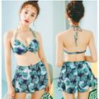 Set: Leaf Print Bikini + Swim Shorts + Printed Cover-up