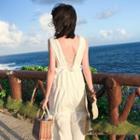 Sleeveless Open-back Frill Trim Midi A-line Dress