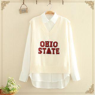 Set: Embroidered V-neck Vest + Shirt