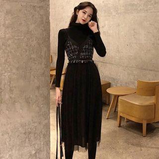 Tweed Panel Spaghetti-strap Mesh A-line Dress