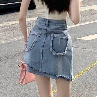 High Waist Distressed A-line Denim Skirt