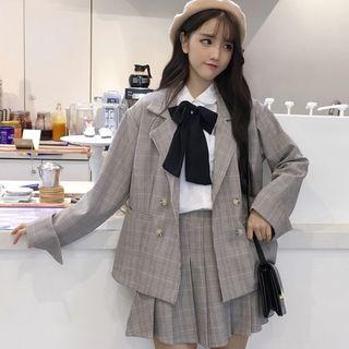Long-sleeve Bow Accent Shirt / Plaid Blazer / Plaid Mini Pleated Skirt / Set