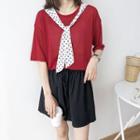 Dotted Panel Elbow-sleeve Knit Top
